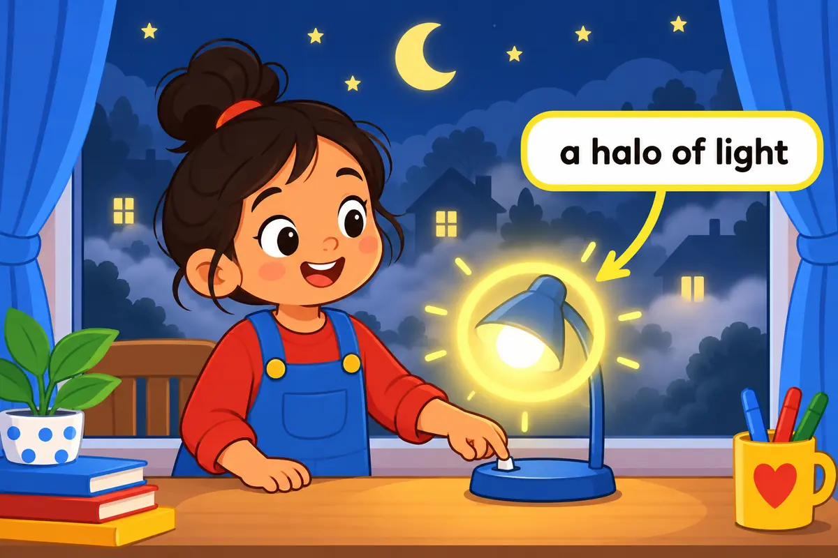 A cartoon child switches on a lamp in fog, with a labelled ring of light drawn around the bulb to show the halo pattern.