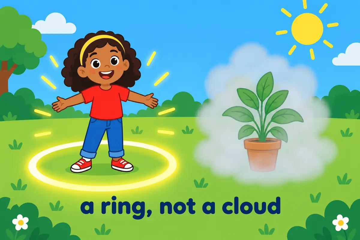 A single cartoon scene shows a distinct bright ring around a child nearby and a soft shapeless glow around a plant on the other.