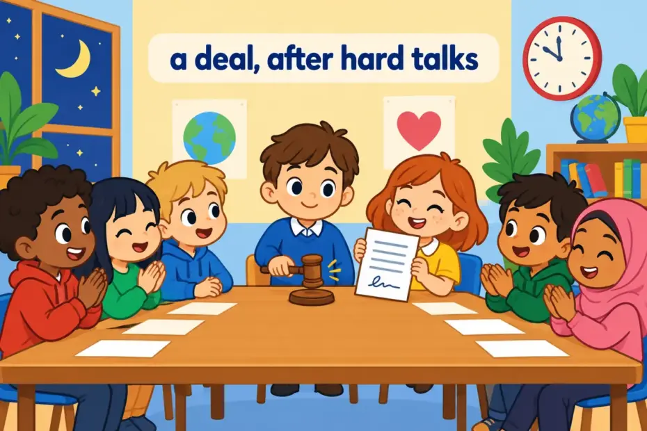 Cartoon pupils bend over a table and hammer out a deal in a sentence by signing a paper after a long debate.