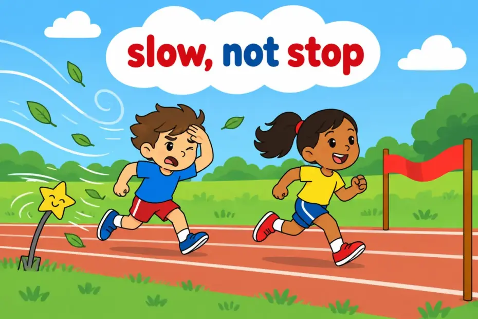 Cartoon runners struggle through wind and rain as hamper in a sentence shows progress being slowed not stopped.