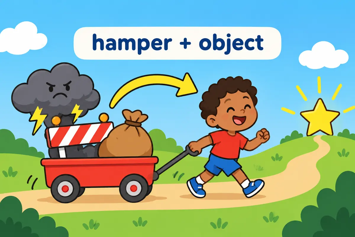 Cartoon cards show a storm cloud, a road block and a heavy bag slowing a child who is trying to reach a star marker.