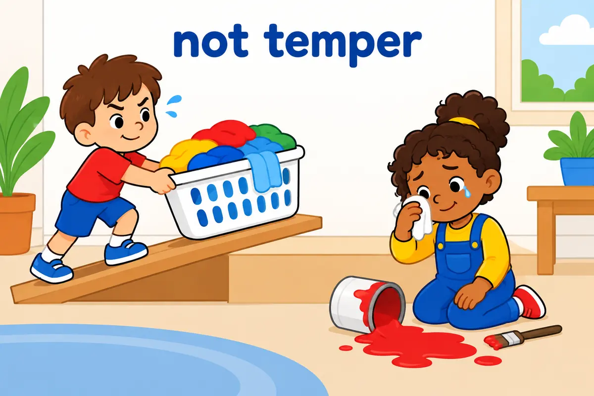 A cartoon single scene contrasts a child held back by a heavy bag with a child mixing paint and losing their temper.