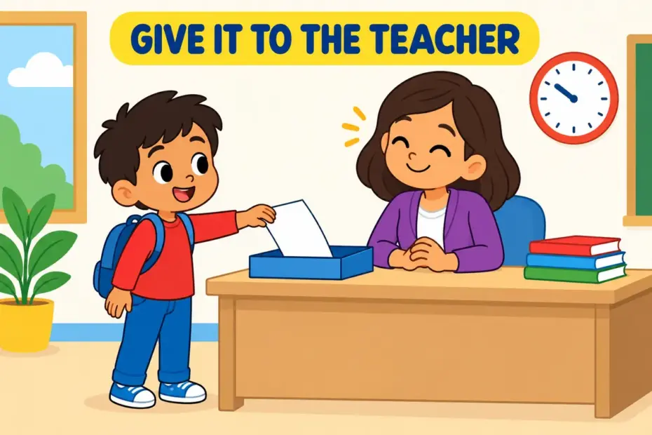 A cartoon child hands a sheet to a teacher at a desk, showing hand in in a sentence as submitting work to an authority.