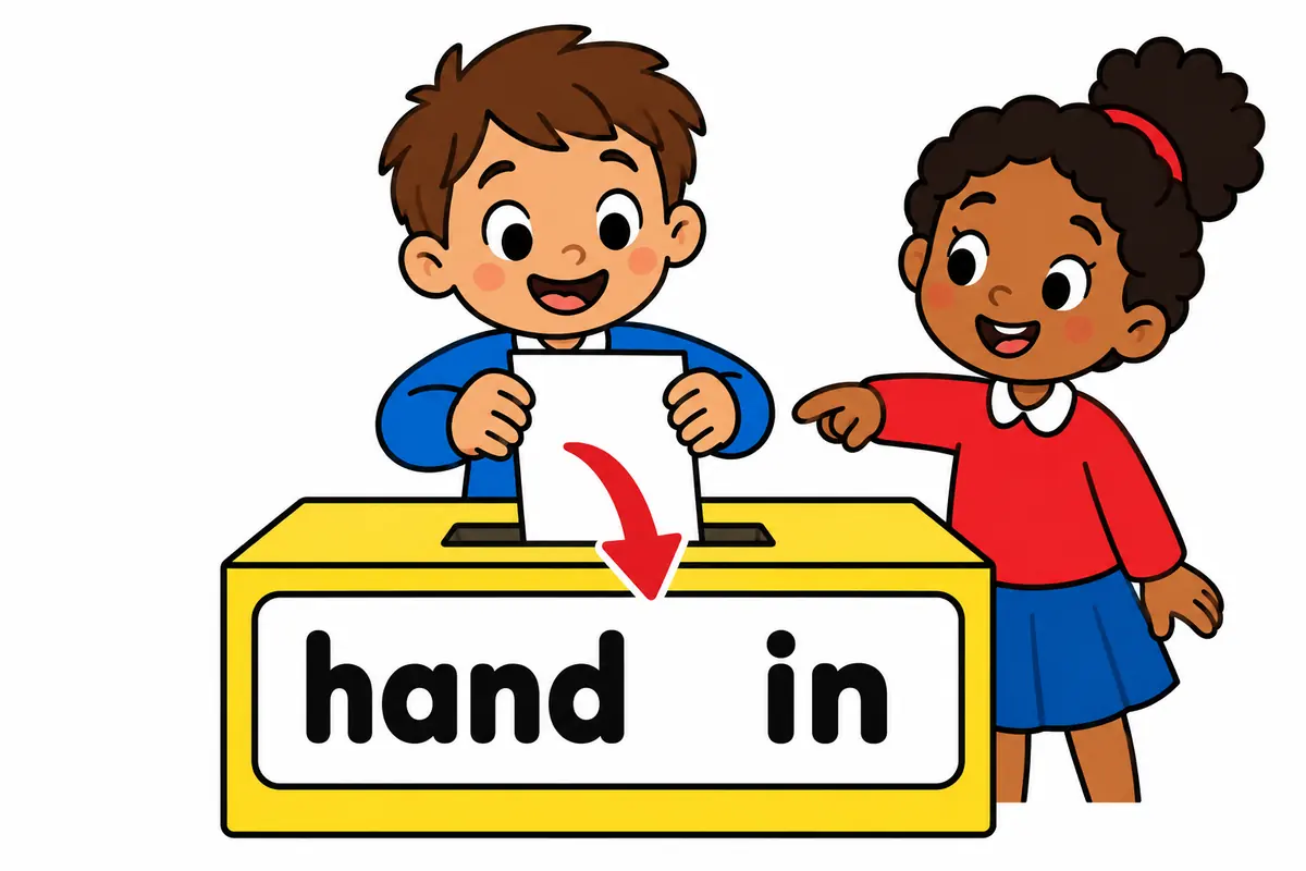 A cartoon child holds a sheet of paper between two hands and a small arrow shows it moving into a tray.
