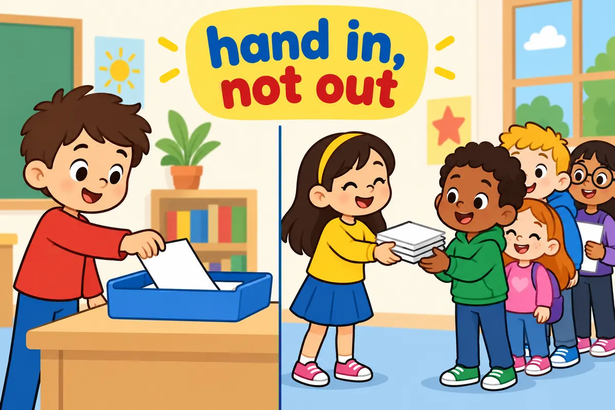 A cartoon split scene contrasts a child placing one paper in a tray with a child giving papers to a whole queue.