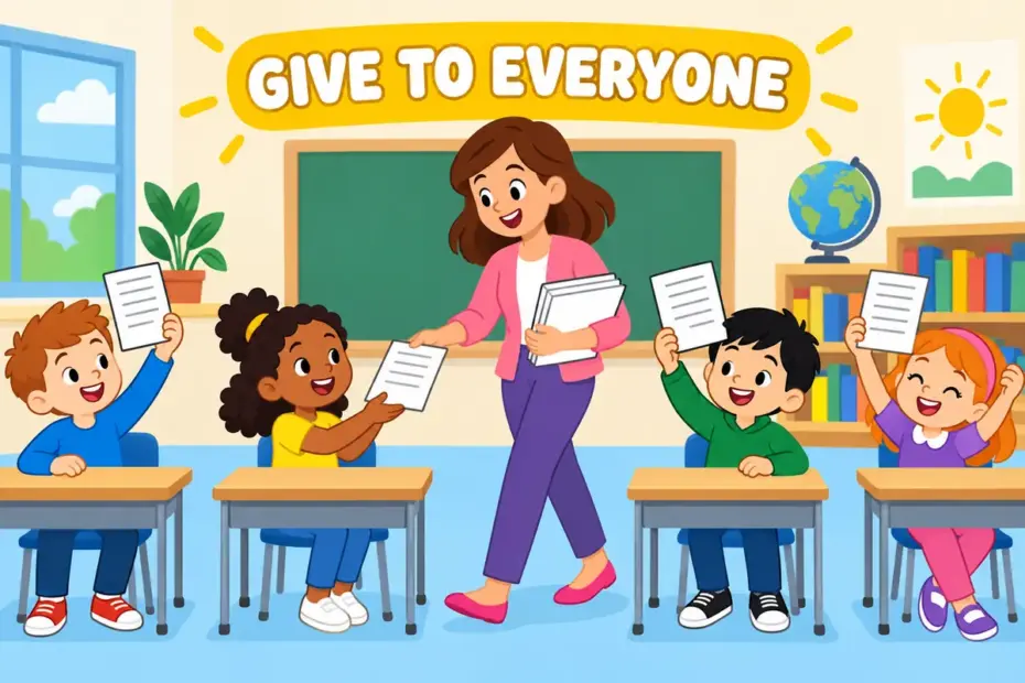 A cartoon teacher gives a worksheet to each smiling pupil, showing hand out in a sentence.