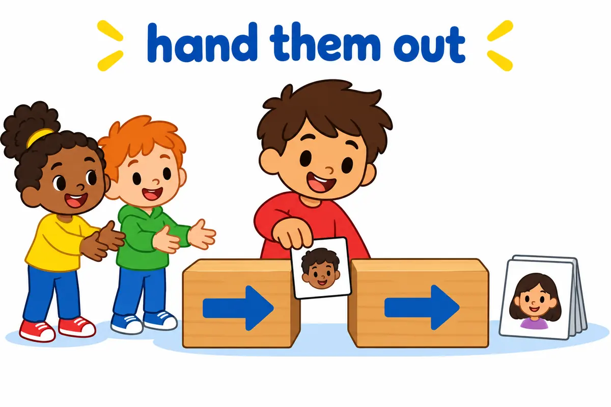 A cartoon child moves the word out around a sheet card while a tiny pronoun card sits in the middle.