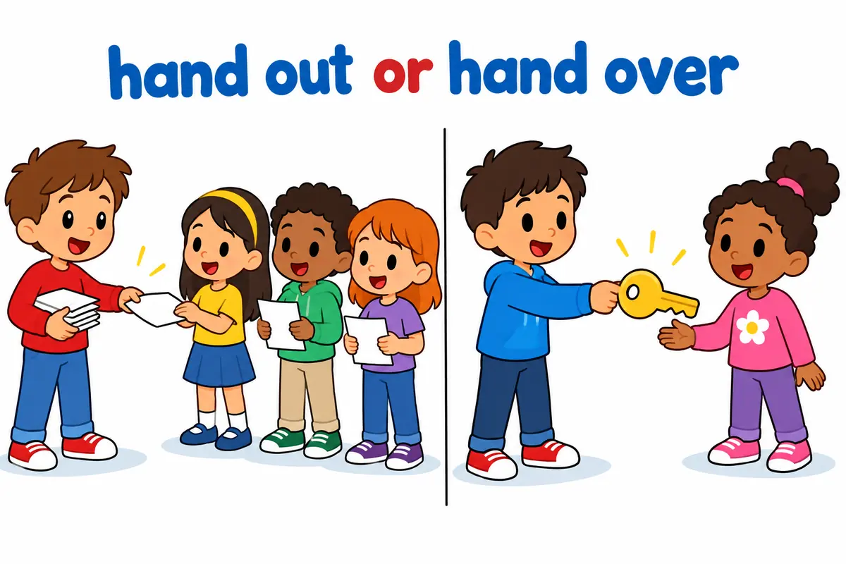A split cartoon contrasts a child giving sheets to a whole class with a child passing one key to a friend.