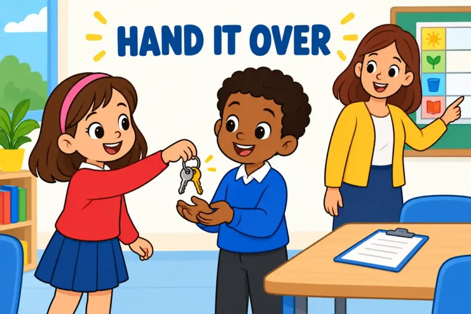 Cartoon girl passes keys to a boy, illustrating hand over in a sentence as passing something into another person’s control.
