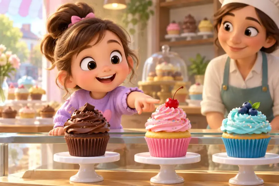 A child selects one cupcake from a colorful tasting tray as the clear favorite.
