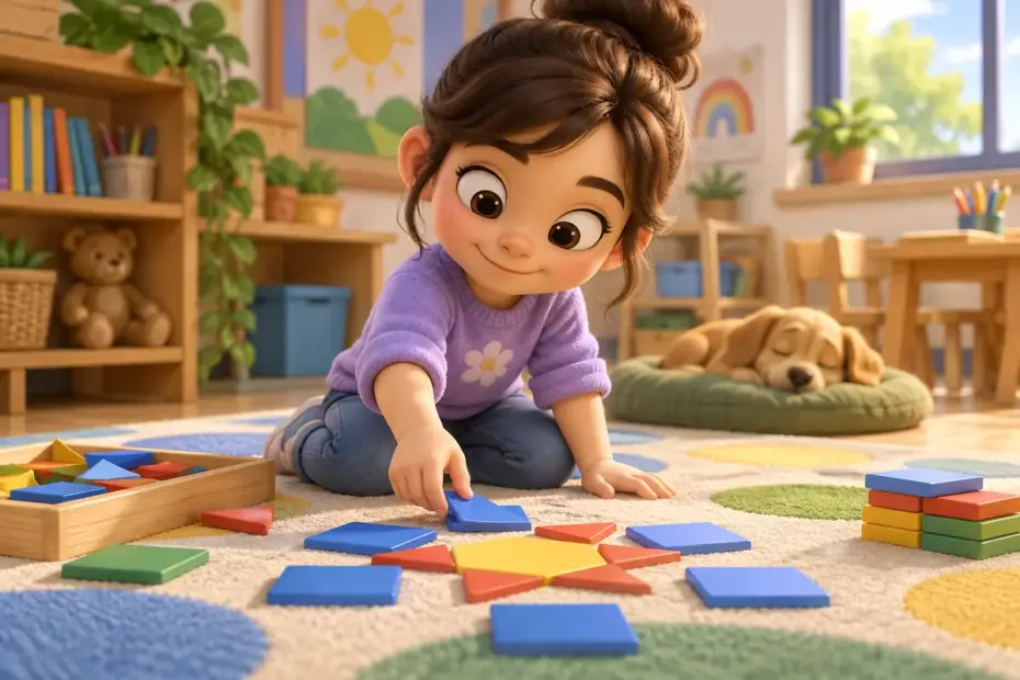 A child arranges colored tiles on a classroom mat.