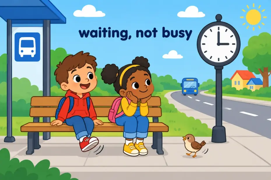 Cartoon children wait idly on a bench by a bus stop, showing hang around in a sentence as spending time with little purpose.