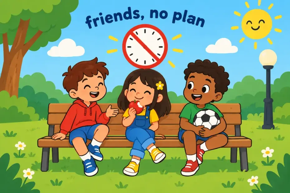 Cartoon friends relax together on a bench with no set plan, showing hang out in a sentence as spending easy time with others.