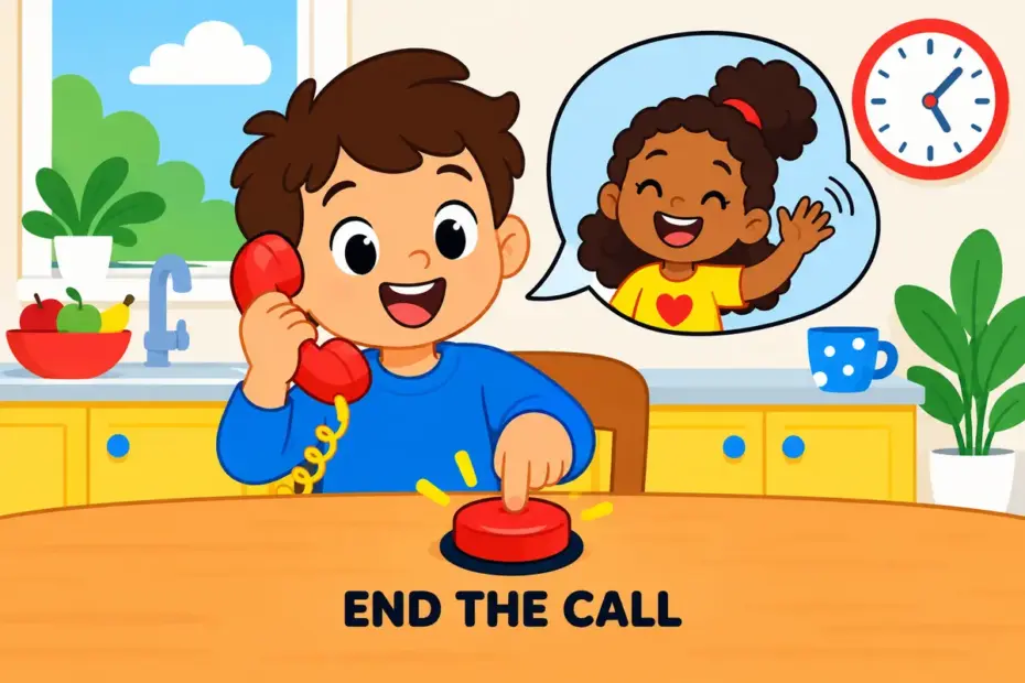 Cartoon child presses a red end-call button on a phone while a friend waves goodbye, showing hang up in a sentence.