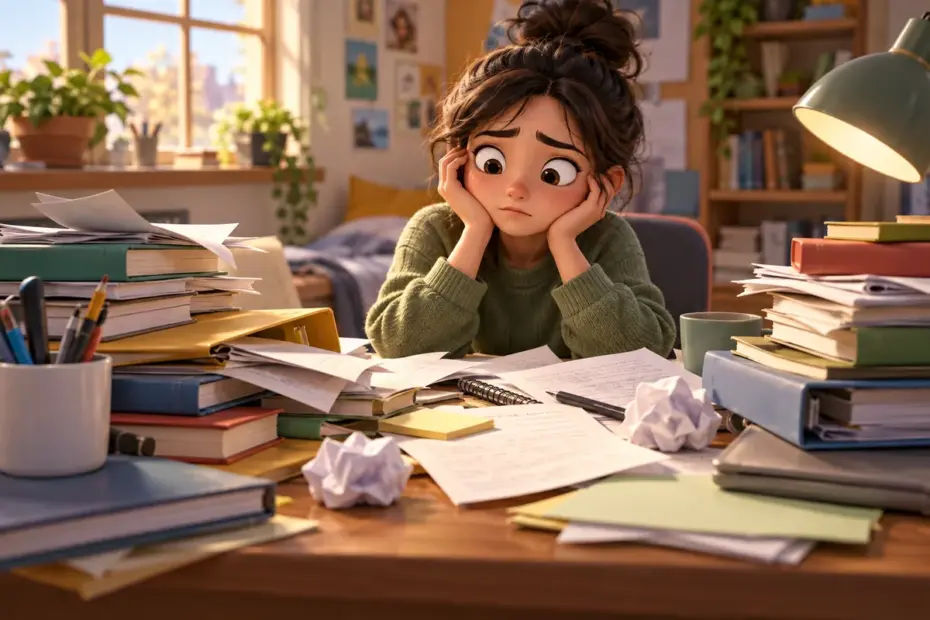 Loose papers, folders, and books are piled in an uneven, disorganized stack on a desk.