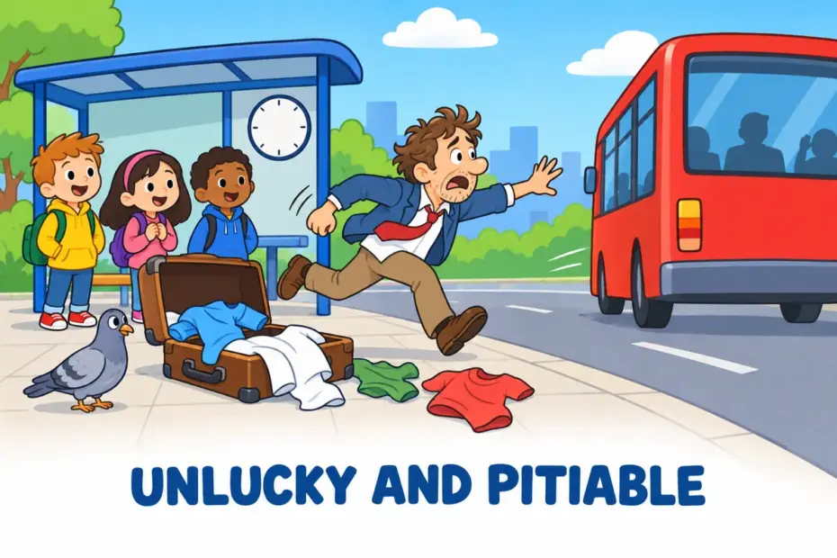 A cartoon traveller chases a departing bus while a suitcase bursts open, showing hapless in a sentence as comic bad luck.