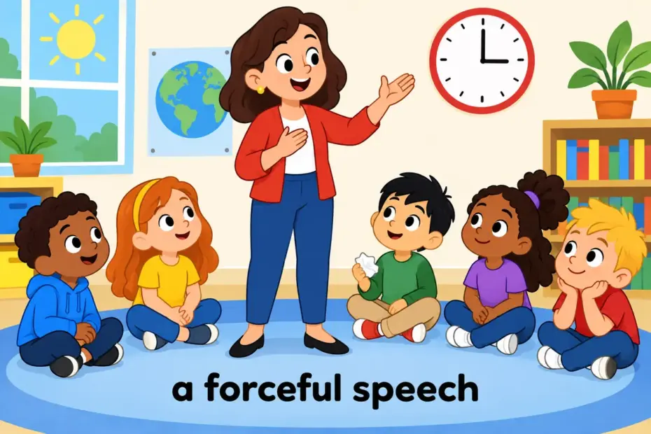 Cartoon pupils watch a teacher deliver a harangue about litter, showing harangue in a sentence as a forceful scolding speech.