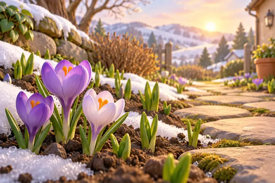 The first spring flowers appear beside a garden path after winter.