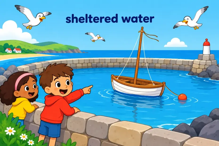 A cartoon rowing boat rests safely on calm water beside a curved harbor wall, showing harbor in a sentence.