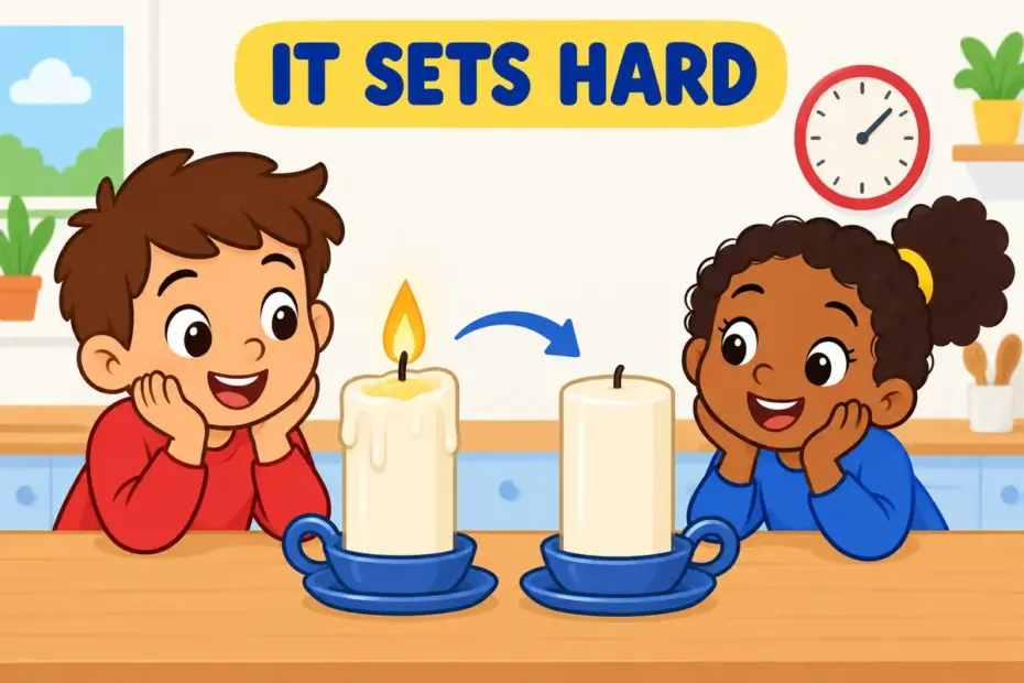 Cartoon children watch a candle cool and turn solid on a windowsill, showing harden in a sentence as becoming firm.