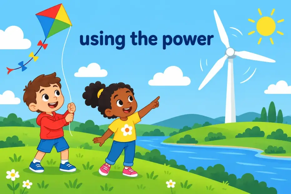 Cartoon children watch a wind turbine and a kite catch the breeze, showing harness in a sentence as putting natural power to use.