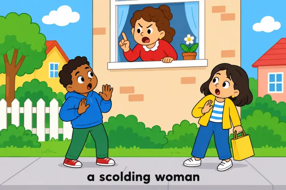 A cartoon stern woman scolds startled neighbours, showing harridan in a sentence as a dated insult for a bad-tempered woman.
