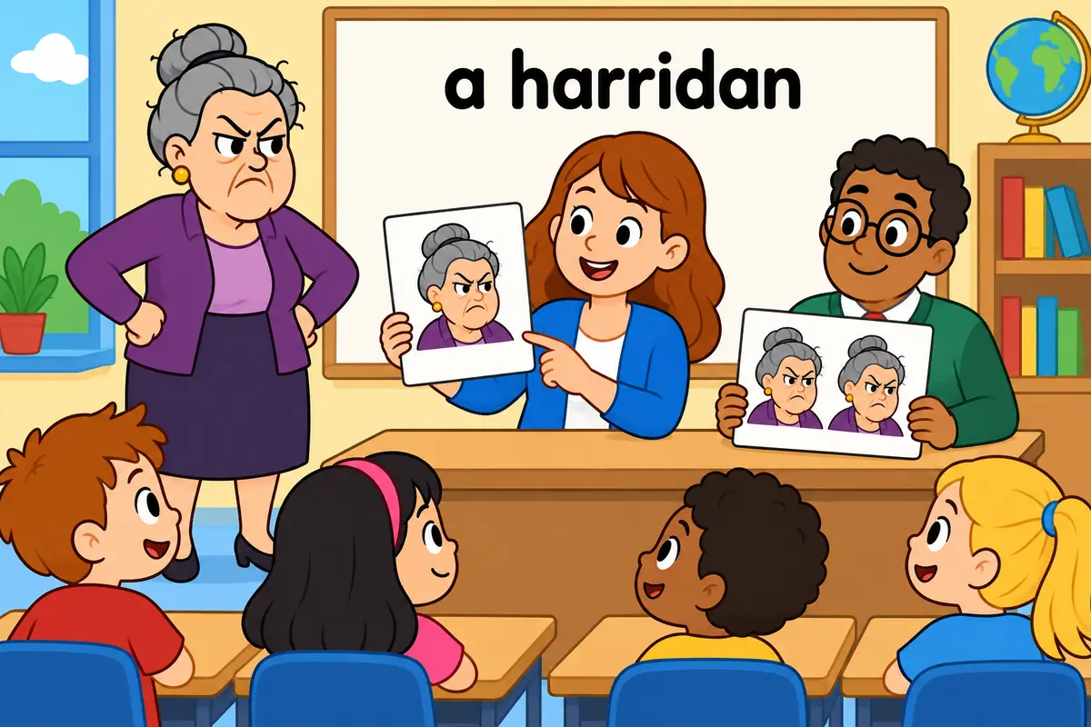 One stern woman and a pair of women appear with a puzzled clerk, showing that harridan is countable.