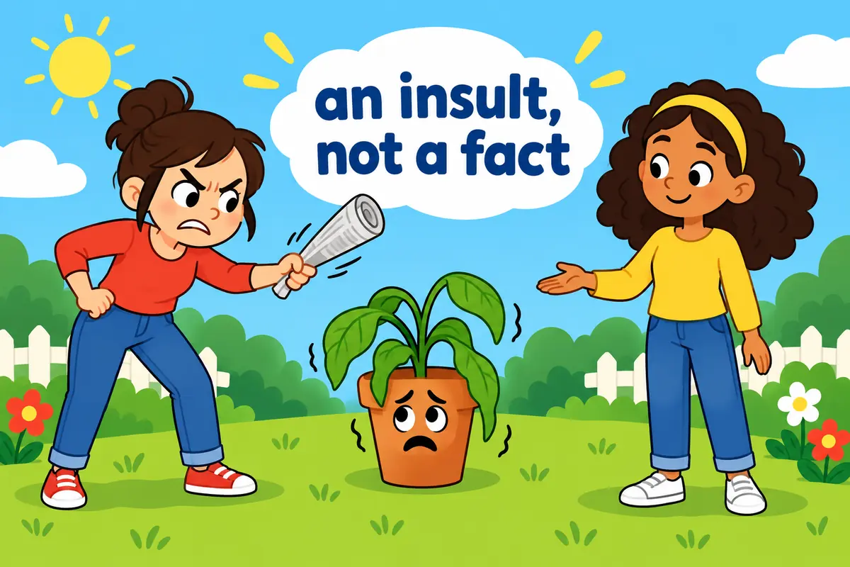 A single cartoon scene contrasts a scolding woman who shouts with a calm, firm woman who speaks quietly, showing that harridan is an insult.