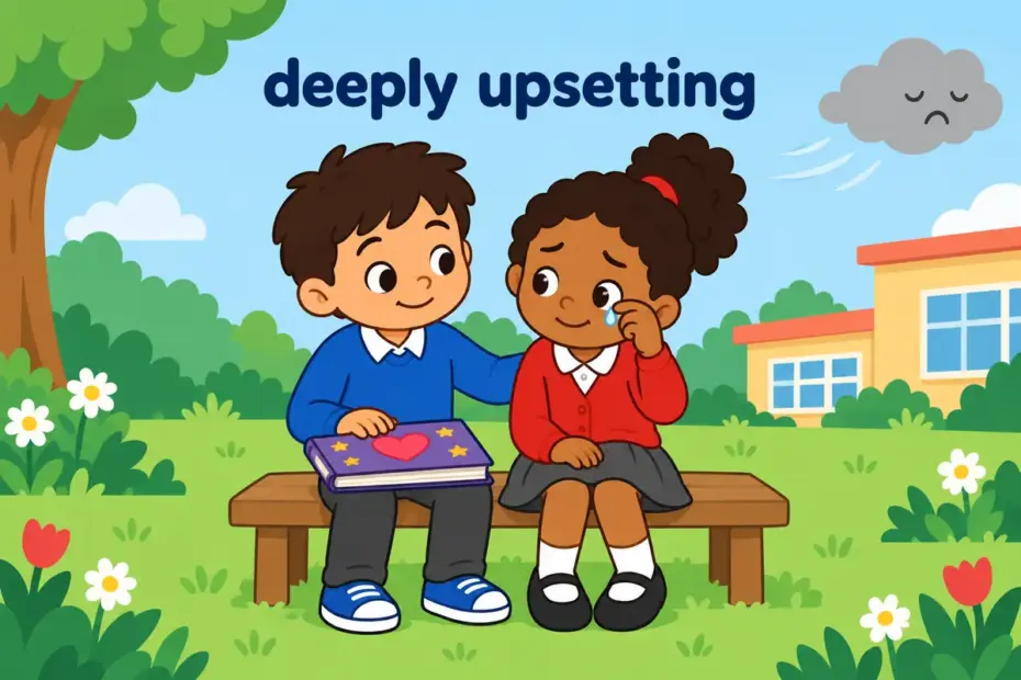 A cartoon child comforts a friend beside a memory book, showing harrowing in a sentence as deep distress.