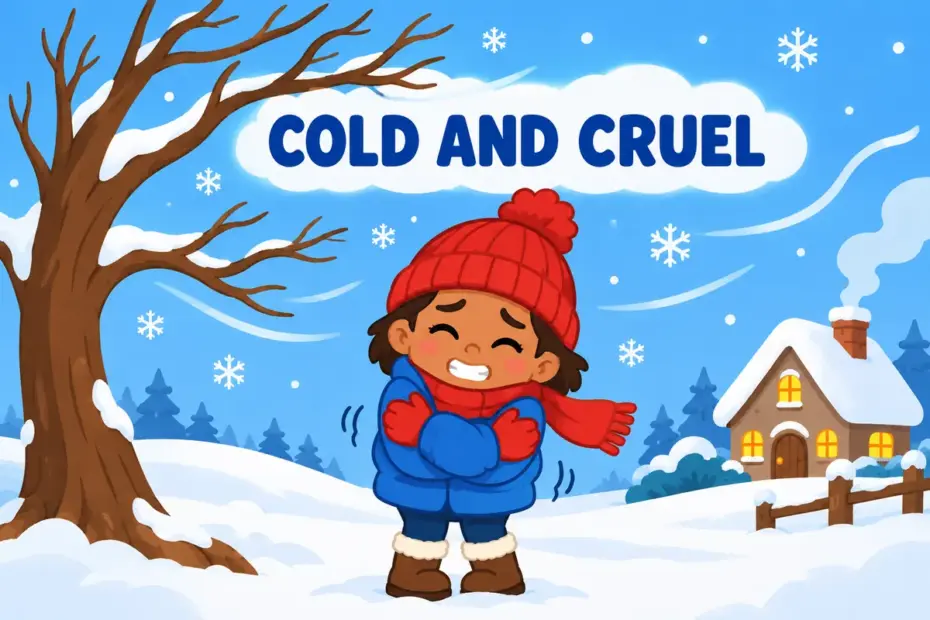 A cartoon child shivers beside a bare tree in a bleak wind, showing harsh in a sentence as severe and unkind weather.