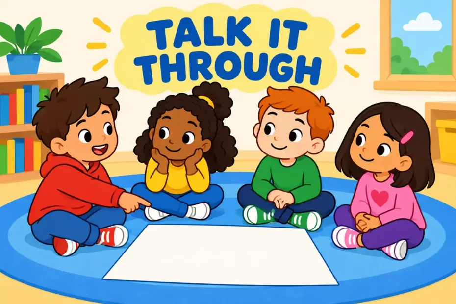 Cartoon children sit in a circle and talk over a shared poster, showing hash out in a sentence as working through a disagreement.