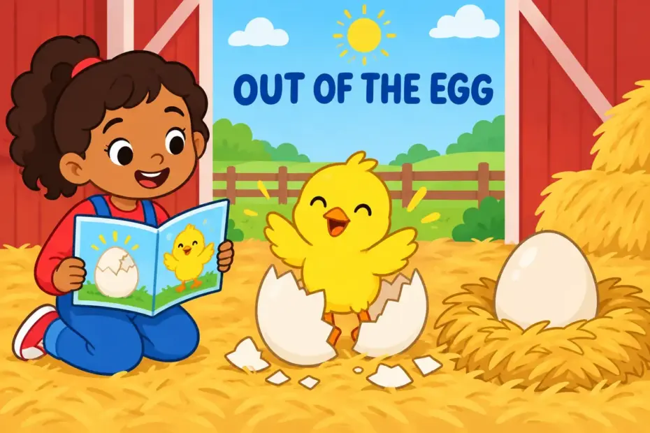 A cartoon chick cracks out of its egg beside a large open book, showing hatch in a sentence as emerging from a shell.