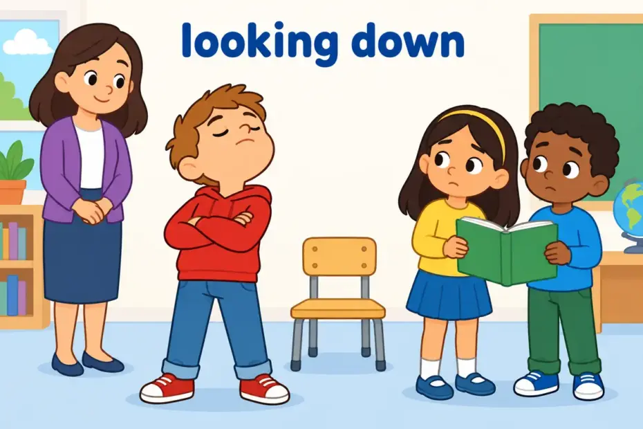 A cartoon child with chin raised ignores classmates, showing haughtiness in a sentence as a proud, superior manner towards others.