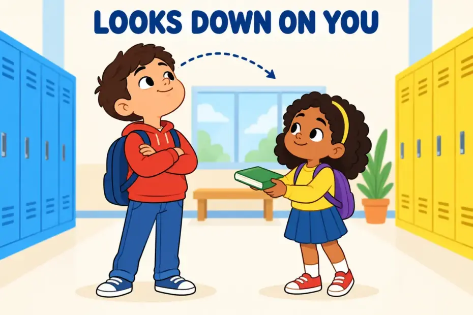 Cartoon child lifts a chin and looks past a classmate, showing haughty in a sentence as cold superiority.