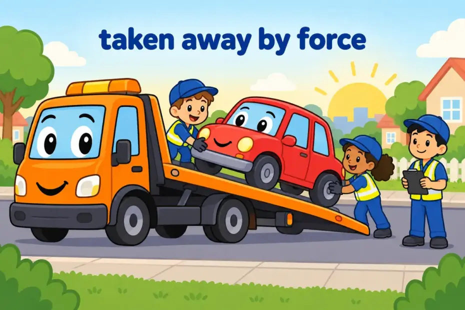 Cartoon workers haul off a car in a sentence as a friendly tow truck lifts it away from a road at dawn.
