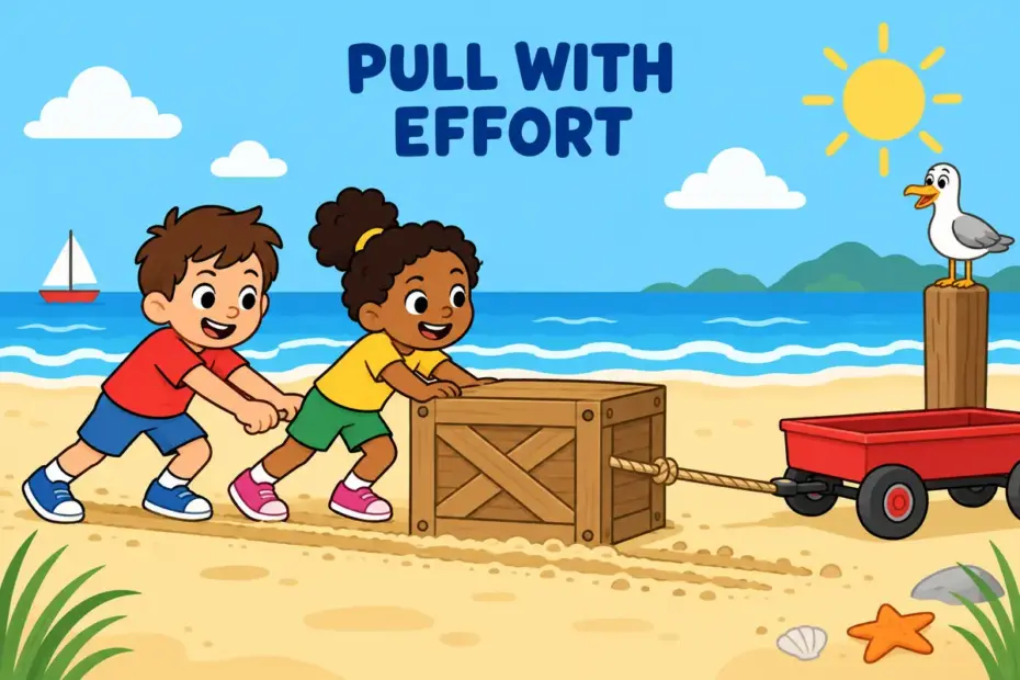 Two cartoon children drag a heavy crate across the sand, showing haul in a sentence as pulling a heavy load with effort.