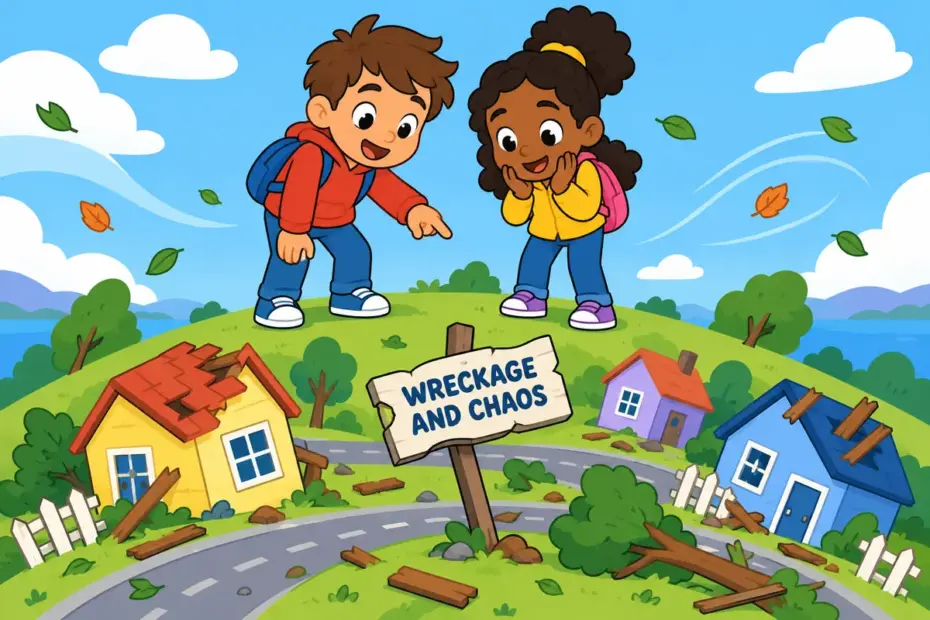 Cartoon children survey a storm-tossed model town, showing havoc in a sentence as wreckage and chaos.