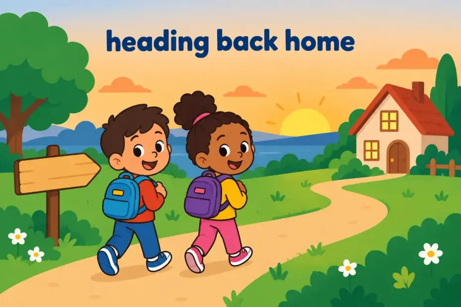 Cartoon children walking home along a path at dusk, illustrating head back in a sentence as returning to a starting place.