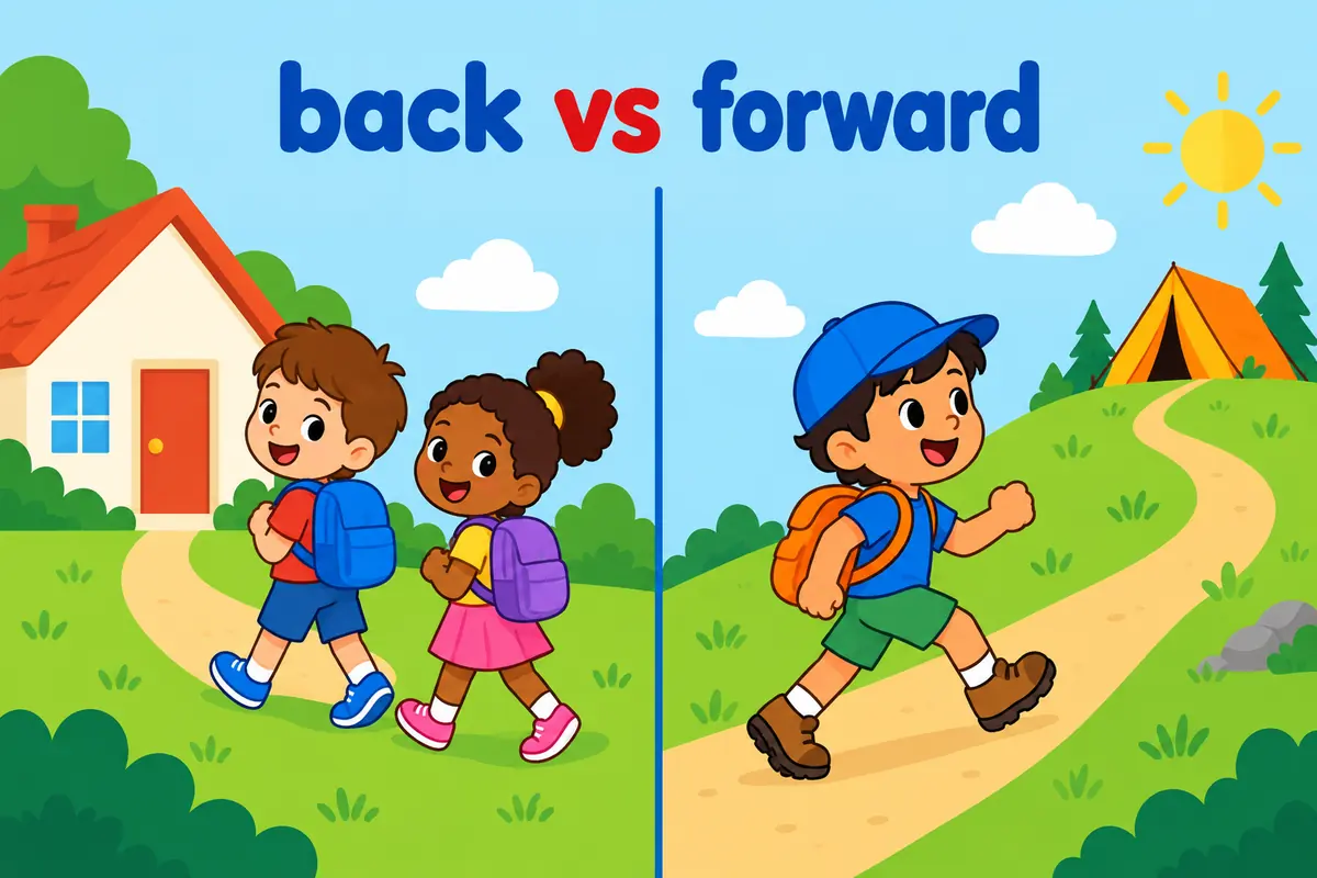 A cartoon split scene contrasts walkers returning to a house with a child moving toward a tent.
