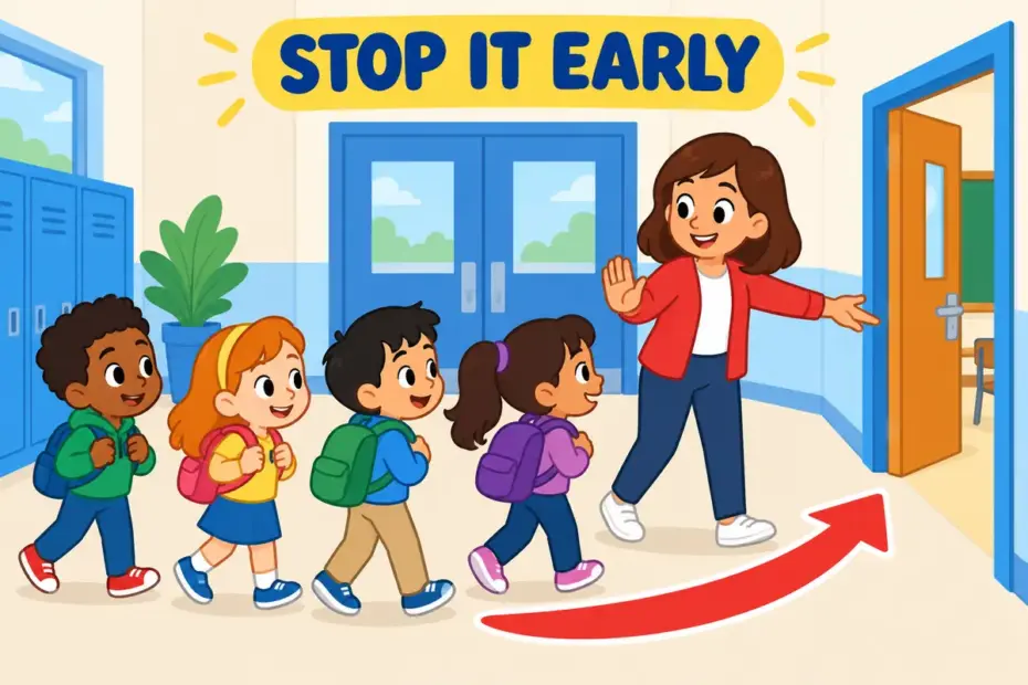 A cartoon adult calmly redirects a group before they reach a doorway, showing head off in a sentence as preventing trouble early.
