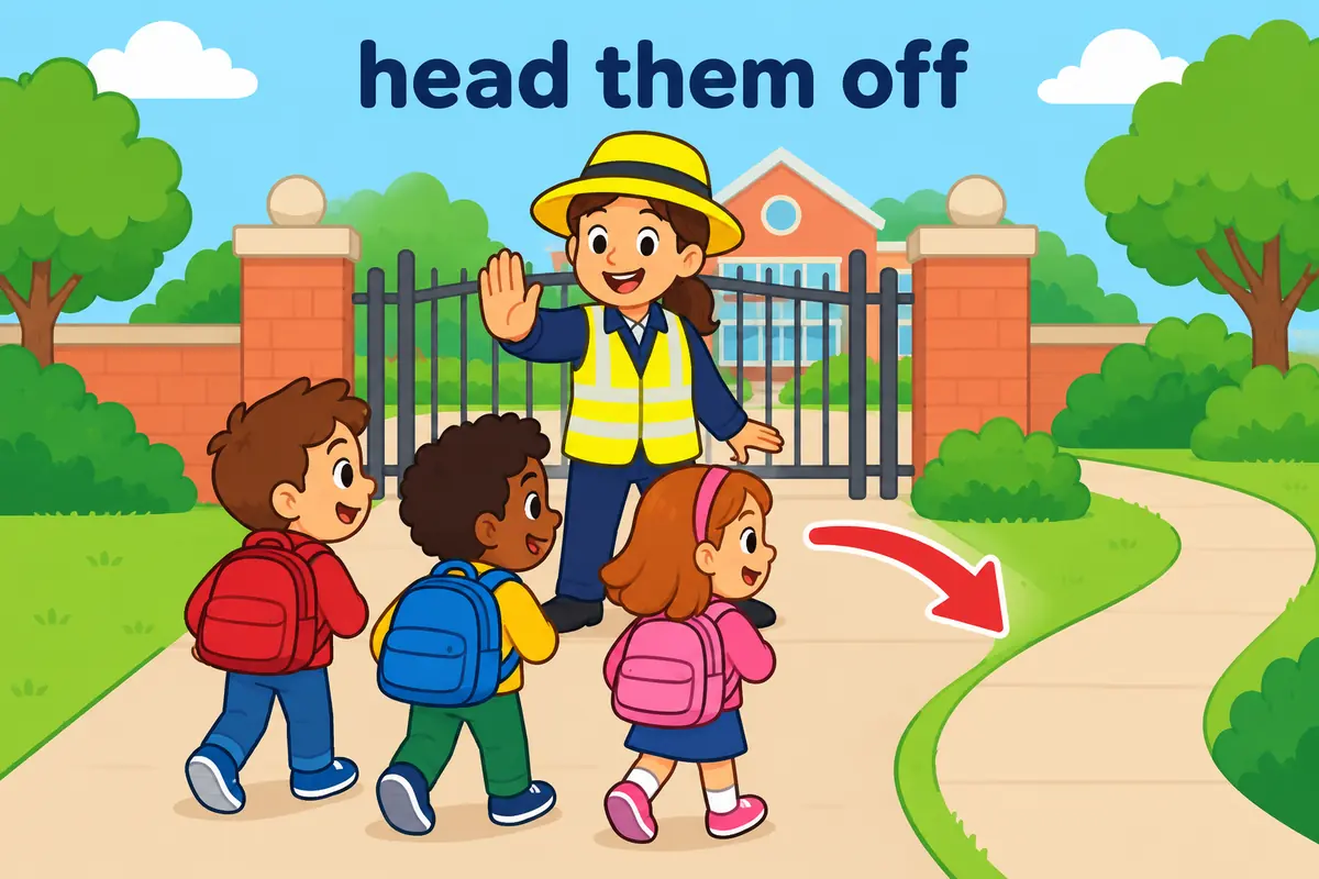 A cartoon crossing guard steps in front of a group before they reach a doorway, with an arrow showing the group turning aside.