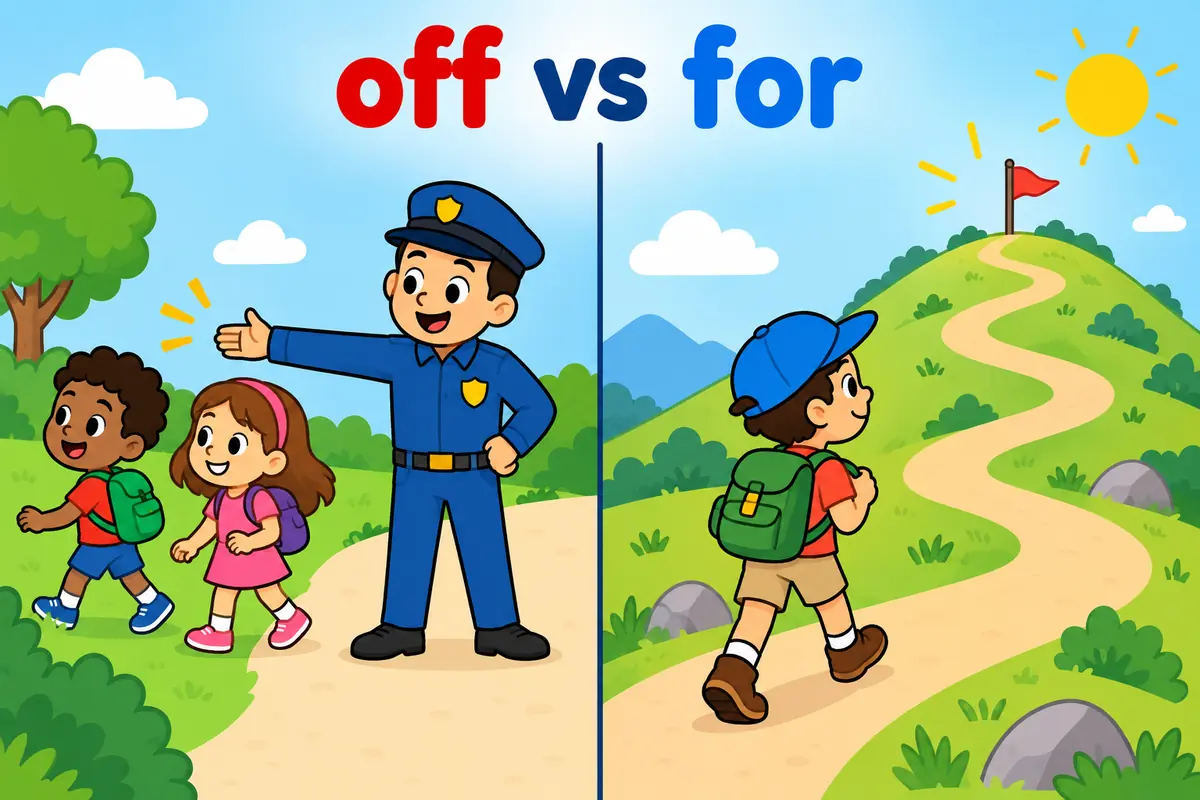 A cartoon split scene contrasts a guard stepping in front of a crowd with a walker following a path toward a hilltop.