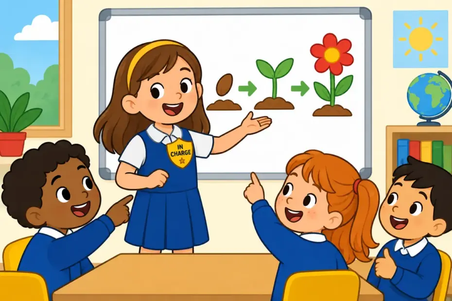 Cartoon pupils point to a girl leading a project board, showing head up in a sentence as taking charge of a team.