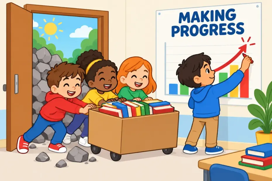 Cartoon pupils clear a blocked doorway together, showing headway in a sentence as slow forward progress.