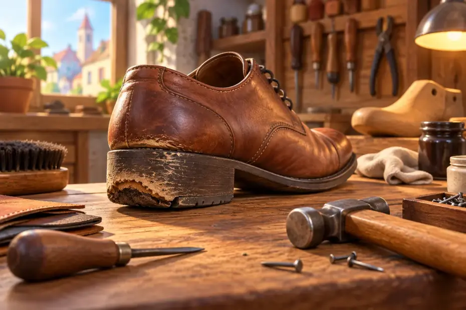 A shoe with a worn heel rests beside a cobbler’s tools.