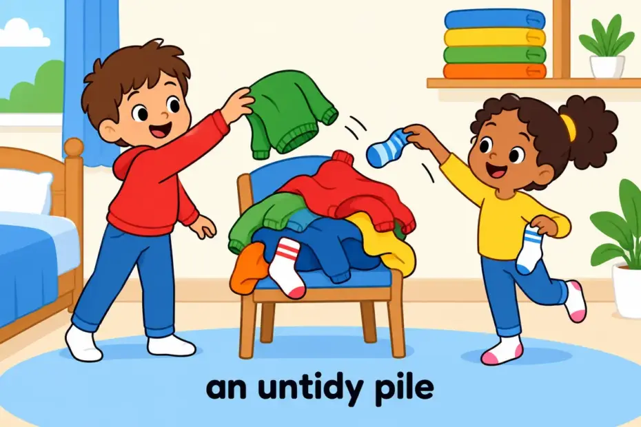 Cartoon children add clothes to a growing uneven pile on a chair, illustrating heap in a sentence as a disorderly quantity.