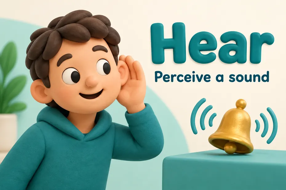 Hear means perceive a sound: a child hears a bell.