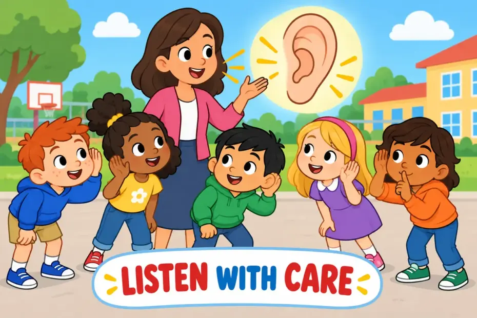 Cartoon children gather quietly around a speaker, showing hearken in a sentence as careful listening.