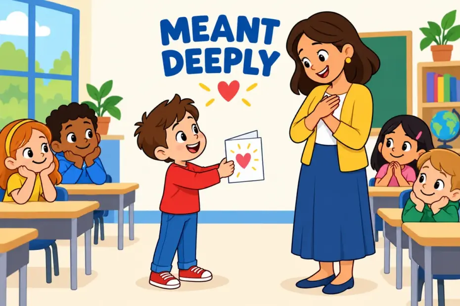 A cartoon child hands a hand-made thank-you card to a teacher, showing heartfelt in a sentence as a sincerely meant message.