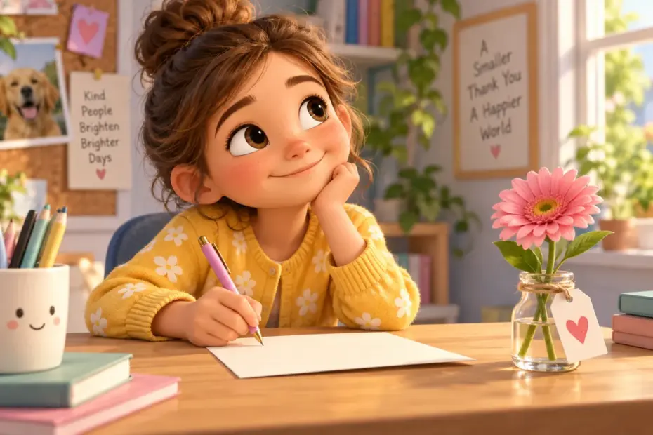 A child writes a sincere thank-you note at a bright desk beside a small flower.